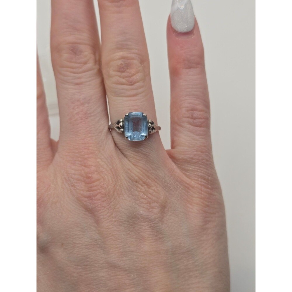Vintage Sarah Coventry Sterling Silver Aquamarine Glass Ring S 8.5